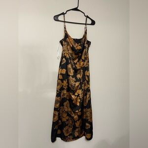 Lulu's Black Floral Satin Cowl Neck Slip Midi Dress